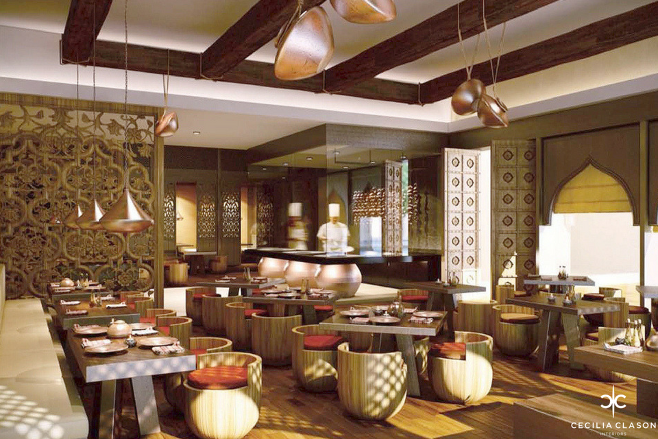 Hotel Restaurant Design - Carved wooden wall divider feature with modern wooden tables, chairs & hanging vases & lights