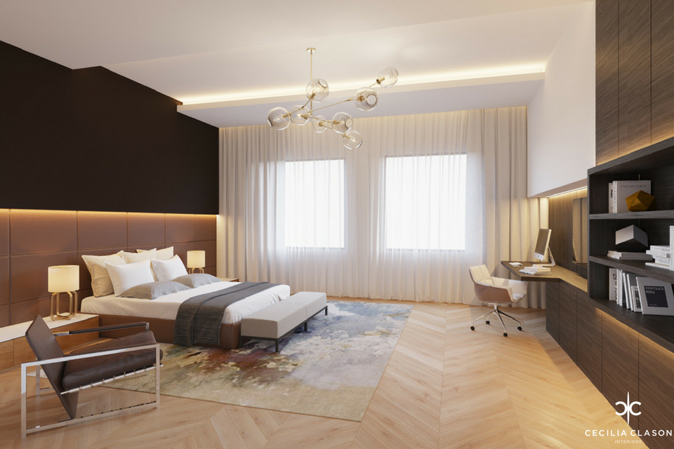 Luxury Bedroom Design - Built in timber wall units next to an abstract rug on a slanted diagonal wooden floor