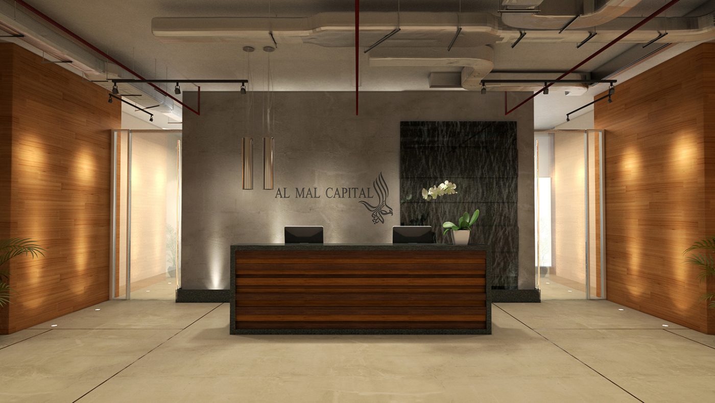Office Reception Design - Textured dark wooden reception desk, industrial roof design, marble mural & Al Mal Capital logo