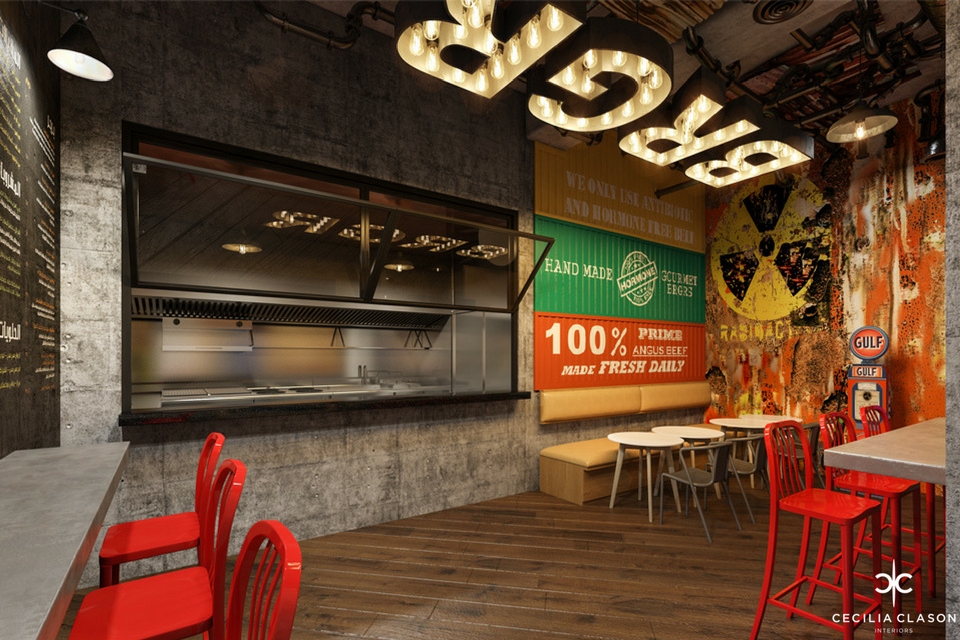 Restaurant Interior Design - Industrial wall signage, art & light box with hot plate serving station & marble wall