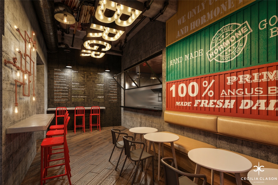 Restaurant Interior Design - Industrial wall signage and lighting with wall padding and slanted wooden floors
