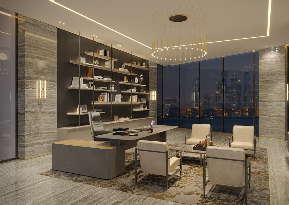Executive Office Design - Contemporary without feeling minimal, luxurious without feeling excessive. Travertine walls & floor