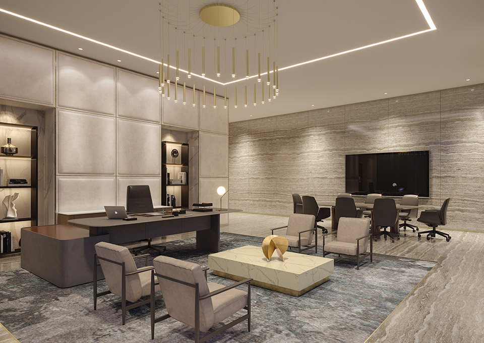 Executive Office Design - Travertine walls & floor with marble coffee table, chandelier, ceiling lights & padded wall panels