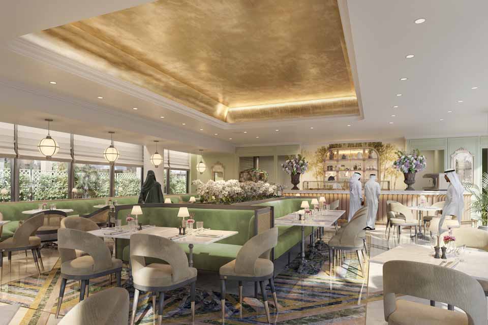 Restaurant Design - Velvet booths, marble top tables with rattan chairs on marble floor with golden roof & ceiling lights