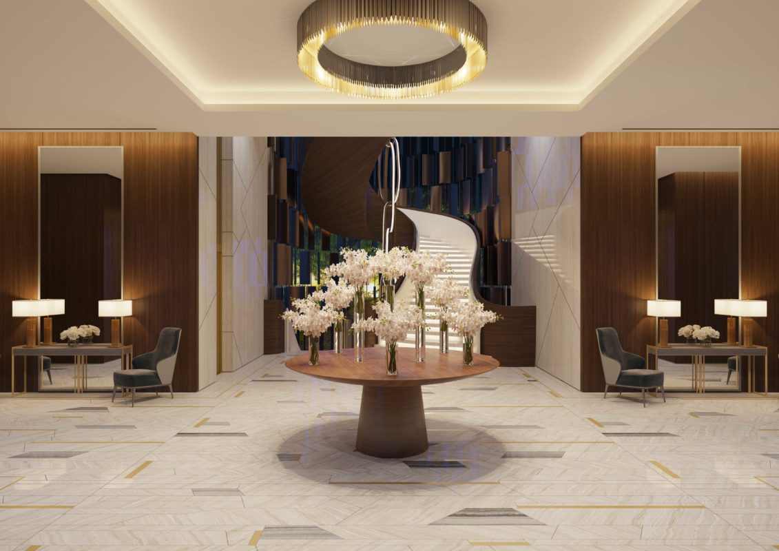 Lobby Interior Design - - Serpeggiante marble floors beneath centerpiece & circular chandelier & dark wood slat wall