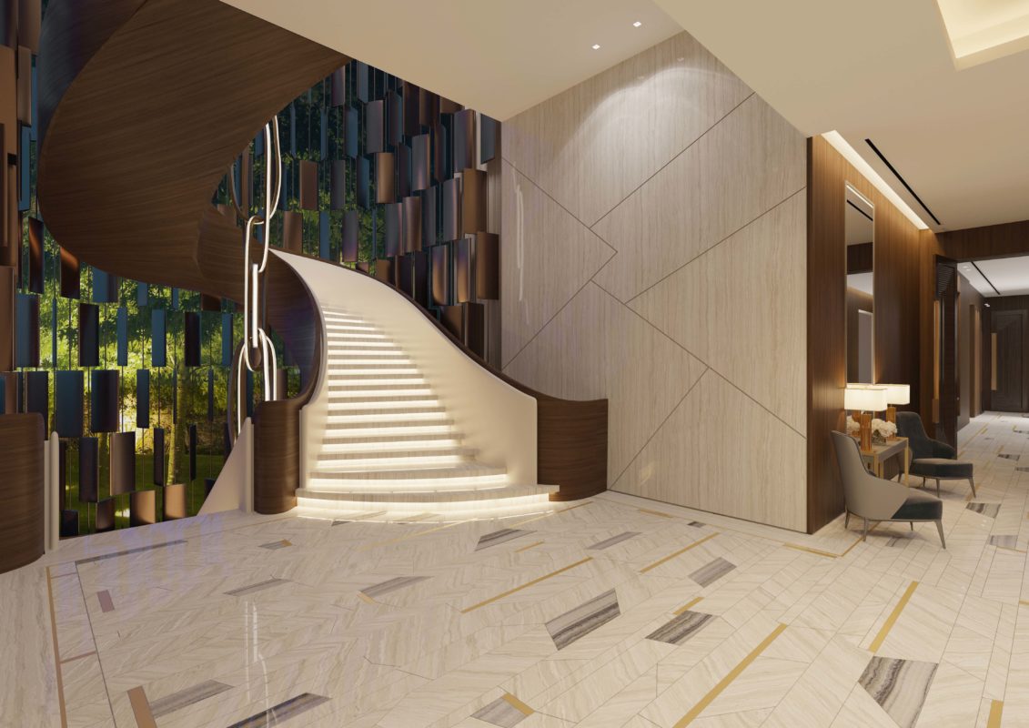 Staircase Design - Spiral shaped staircase with timber veneer and white curved handrail & lighting in steps, made from marble