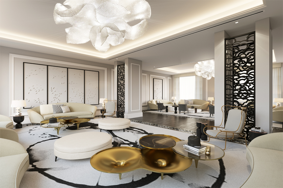 Ladies Majlis Interior - Curved furniture, gold accents, rose chandeliers, Chinese black lacquer screens, black swirl carpet