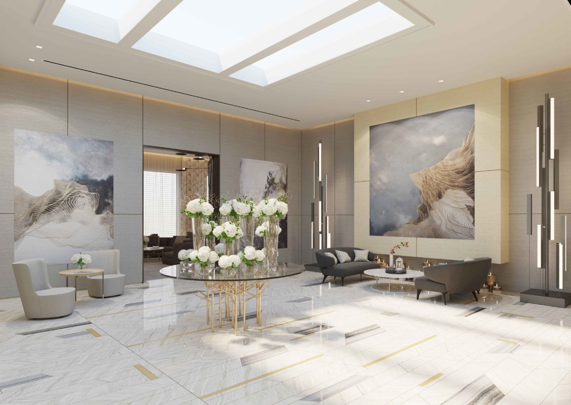 Family Entrance Design - tables & sofas on Serpengiete Marble floor & marble wall with Coelux lighting solutions & wall art.