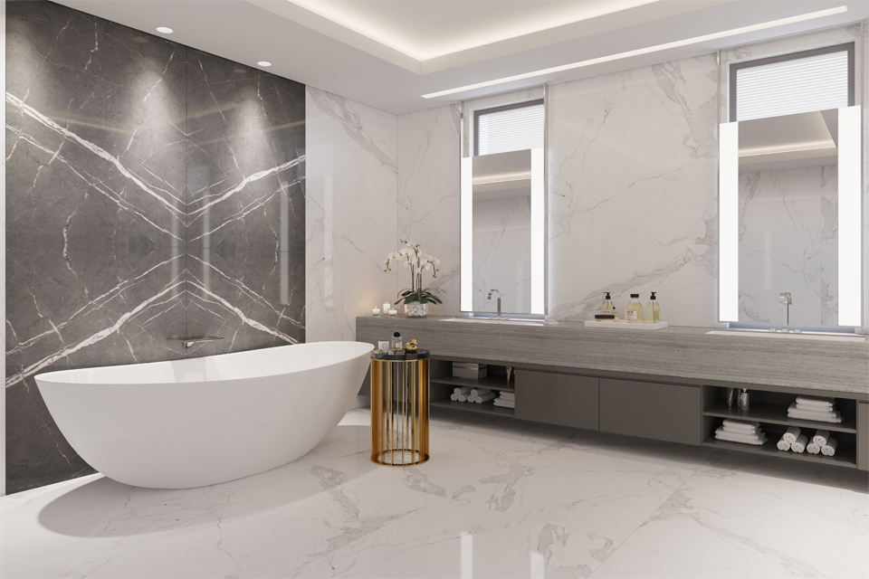 Bathroom Interior Design - Marble walls, floors & counters with luxury freestanding bath & gold leg side table