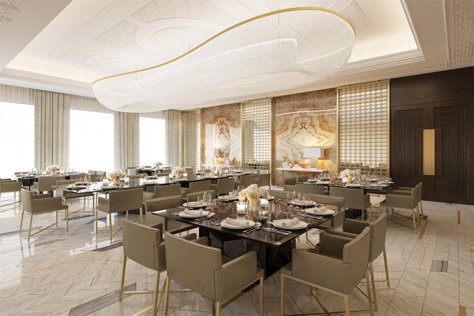 Men's Dining Room - Marble floor, red & orange onyx feature wall & brass and mirrored cladding with designer ceiling lighting