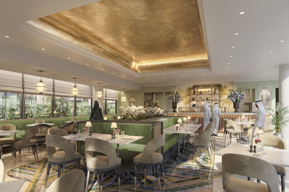 Restaurant Design - Velvet booths, marble top tables with rattan chairs on marble floor with golden roof & ceiling lights