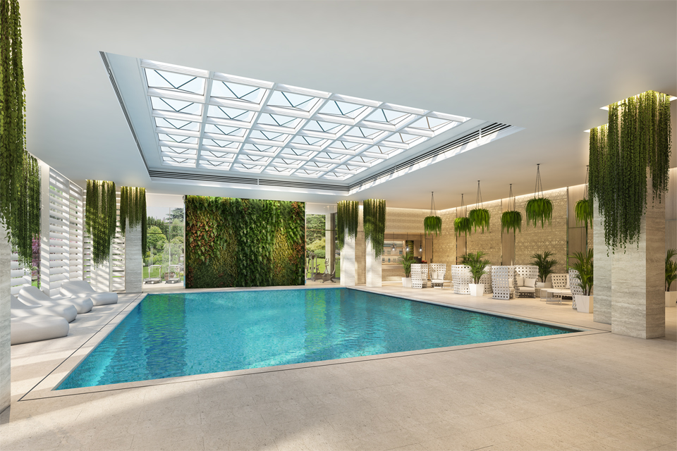 Interior Pool Design - Luxury sunroof design overlooking pool next to marble pillars, green hanging plants & creepers