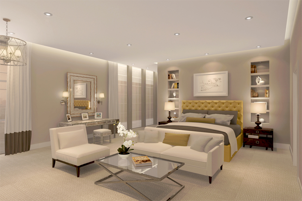 Luxury Bedroom Interior - Modern low ceiling with lighting over luxury bed & sofas with wall recessed shelving & carpets