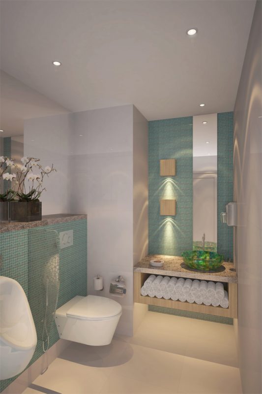 Bathroom Interior Design - Teal wall features and marble counter with towel storage