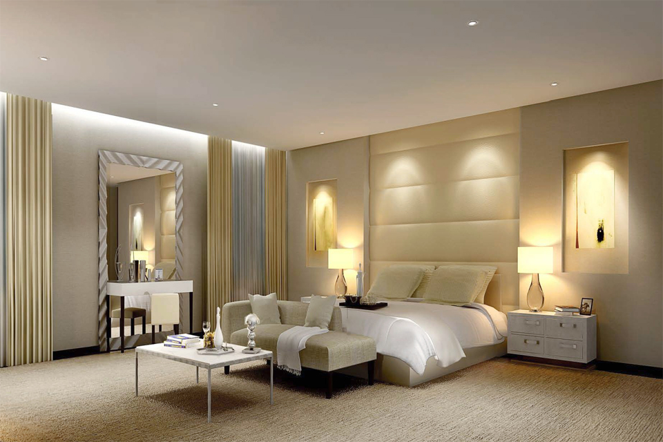 Bedroom Interior Design - Modern ceiling designs with lighting overlooking bed, sofa & table on textured carpet
