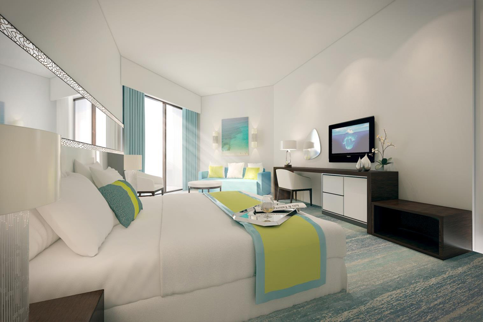 Hotel Design - Modern furniture on blue & white textured floor with matching blue curtains & patterned wall lighting