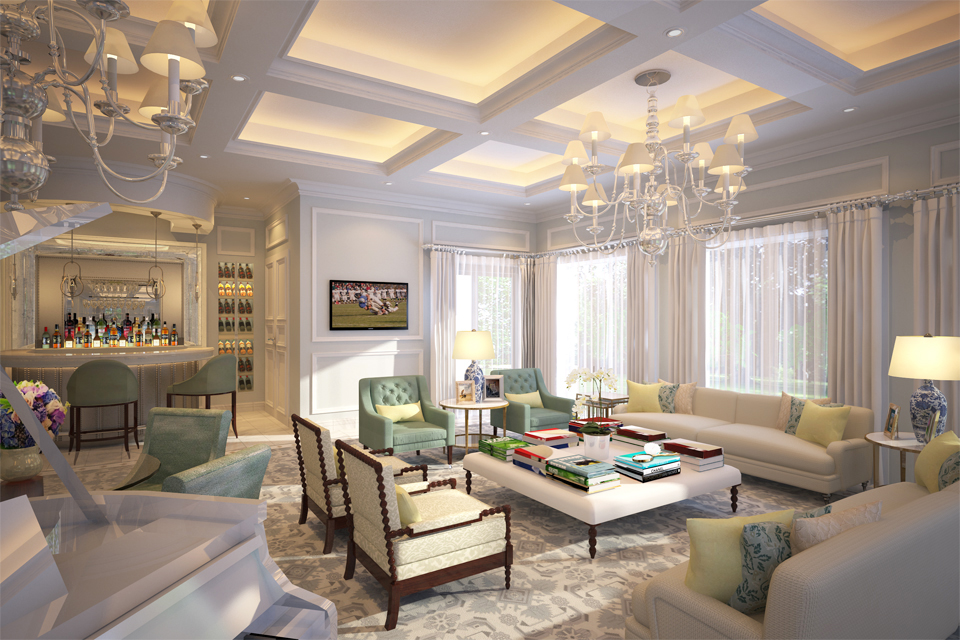 Coffered ceiling trays with linen lamp chandelier above white, green & yellow shades of furniture on a large patterned rug