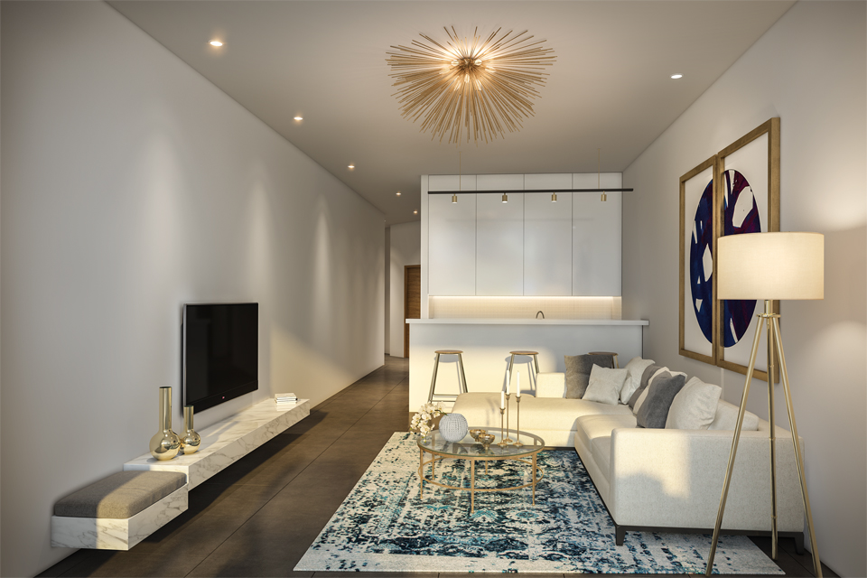 Living Room Design - Zenith rug & golden features in furniture, lighting & wall art frame with marble floating shelves