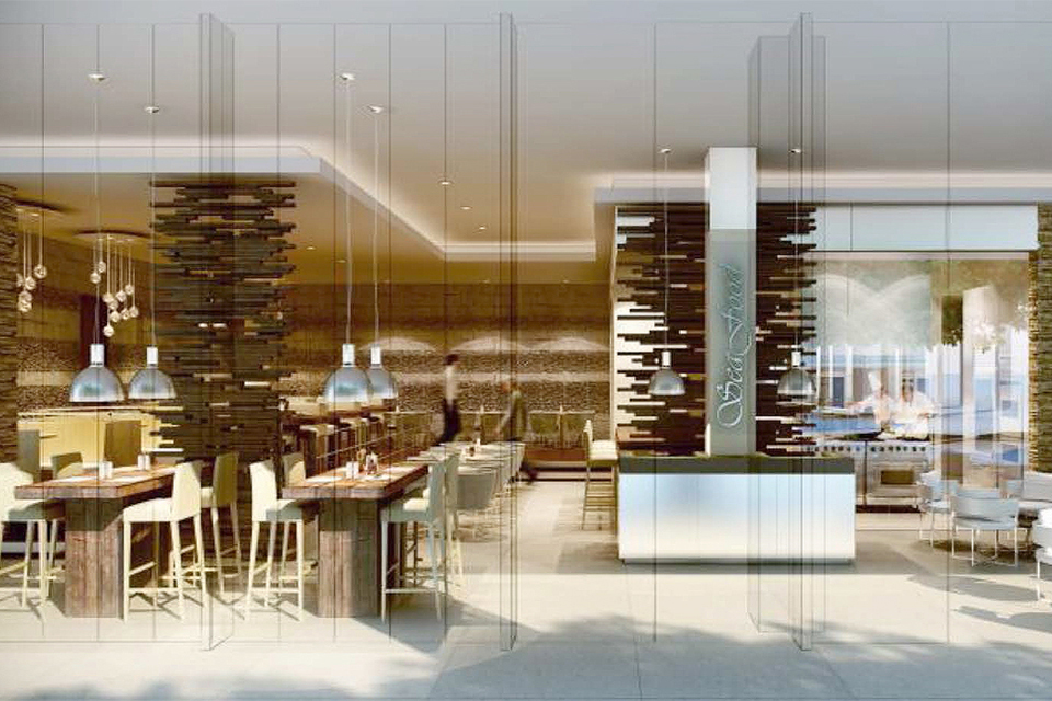 Restaurant Design - Solid dark wood tables, wooden wall art features & full glass partitions with hanging pendant lights