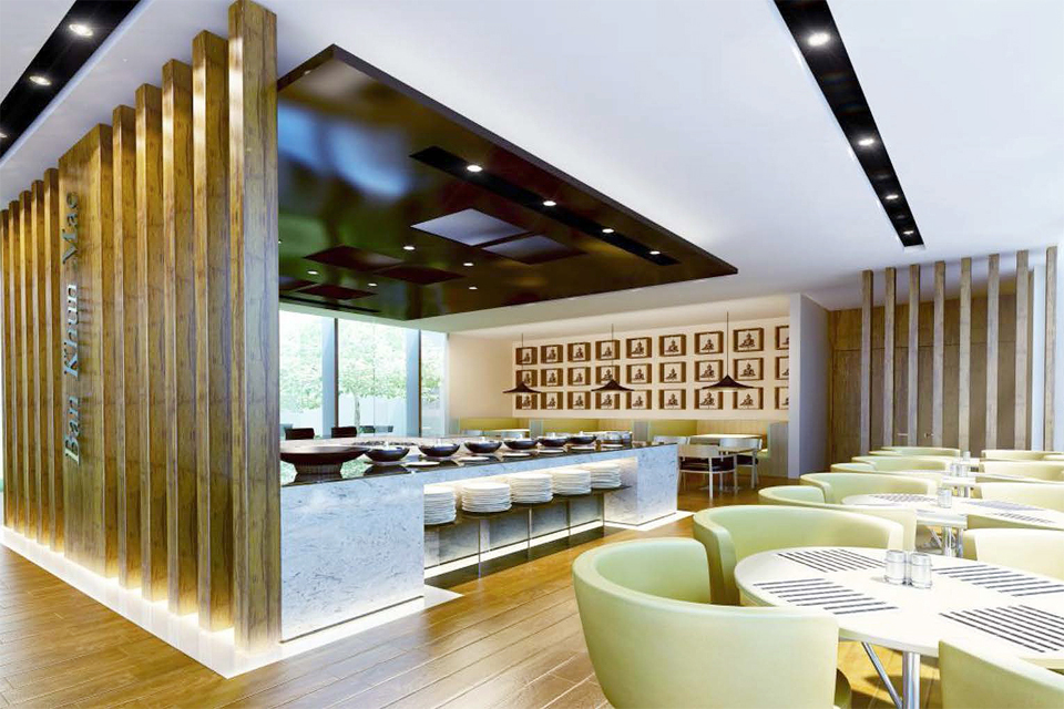 Restaurant with Asian influence - Modern dark wood ceiling design & lighting, marble counter and solid wooden pillars