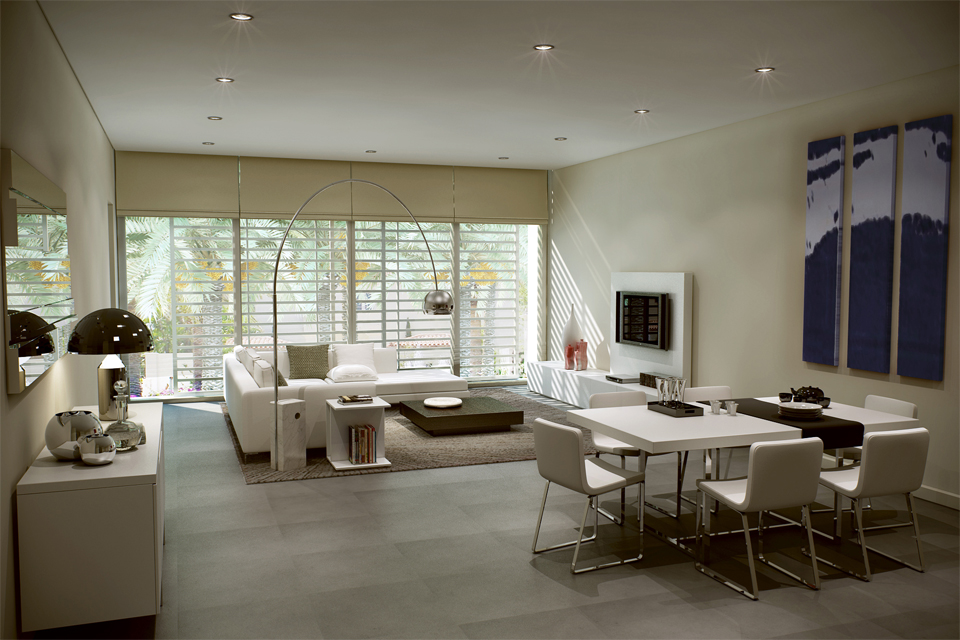 Living Room Design - White leather sofas on tiled floor & brown rug, with solid dark wood coffee table & built in fireplace