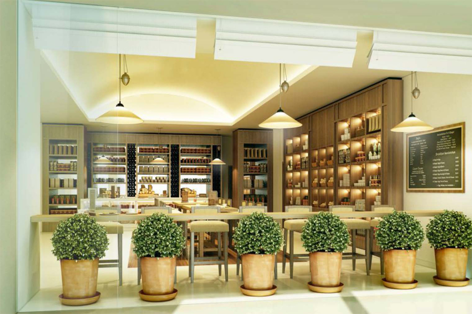 Cigar Lounge Design - Wooden features surrounding, like pot plants, shelving & furniture with hanging lights & white blinds