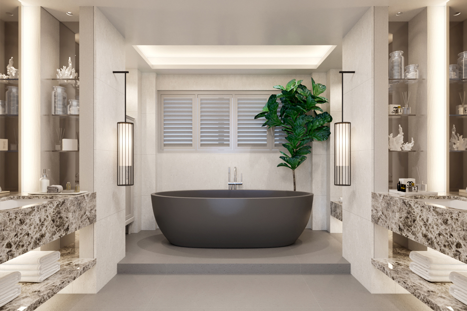 Luxury Bathroom Design - Grey porcelain tiled floor and tifleet stone for the countertops & shelves