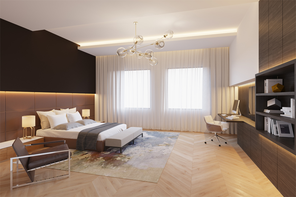 Luxury Bedroom Interiors - Black top & lower padded feature wall with patterned wooden flooring & dark wood built in cabinets