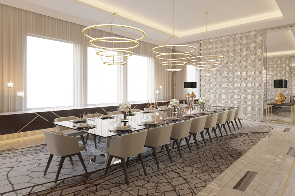 Dining Room Design - Modern look with graphics Lasvit crystal wall, black dining table and beige organic carpet