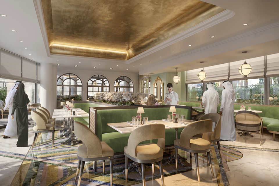 Restaurant Design - Velvet booths, marble top tables with rattan chairs on marble floor with golden roof & ceiling lights