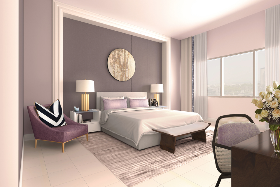 Hotel Bedroom Design - Bed on striped rug next to velvet purple chair, with modern panels behind bed & circular wall art