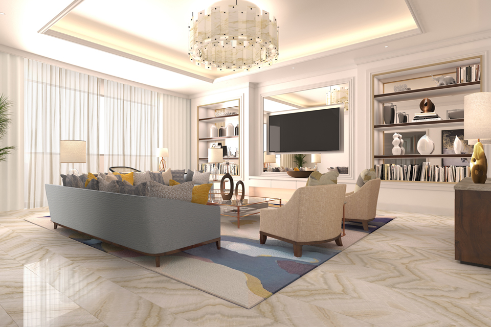 Hotel Room Design - Marble floor & chandelier with mirrored shelves & floating TV. Sofas & glass top table on abstract rug