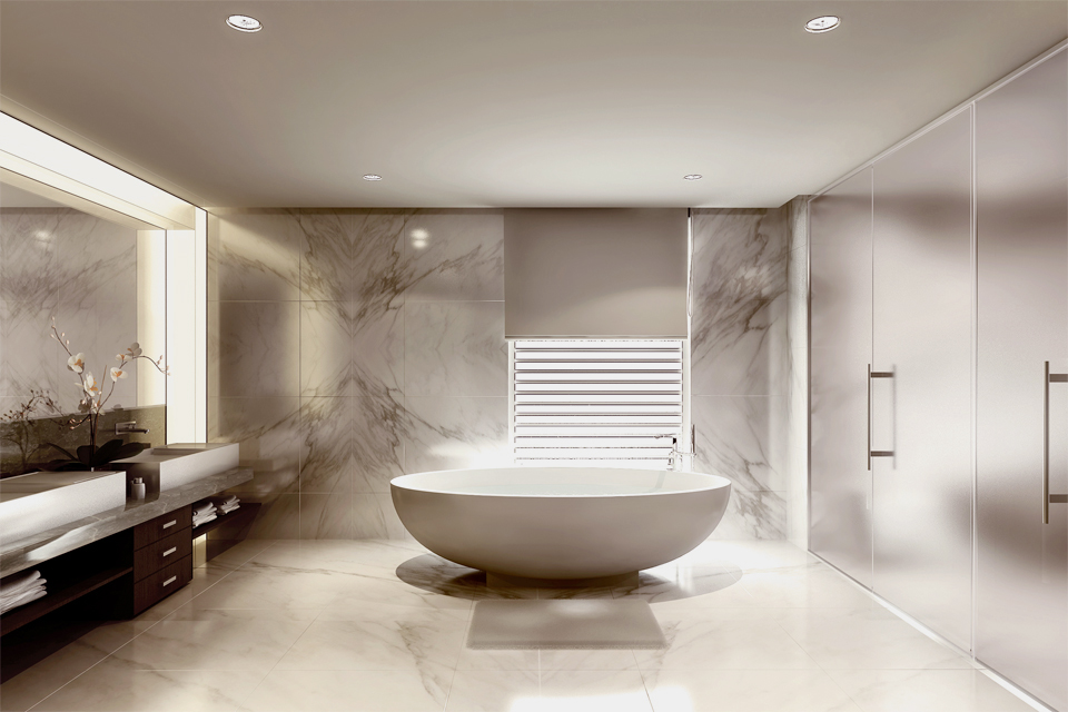 Bathroom Design - Free standing luxury bath next to marble walls, wall light feature, counters & frosted glass wardrobes