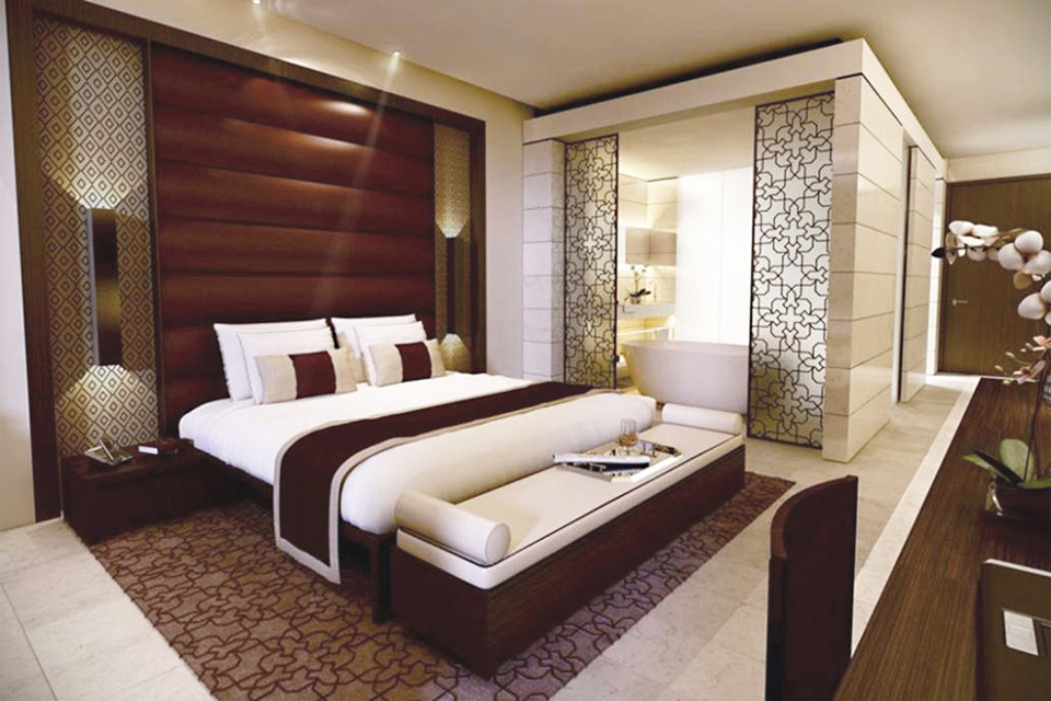 Hotel Room Design - Dark wood furniture with large headboard, patterned wall lighting feature & built-in room divider