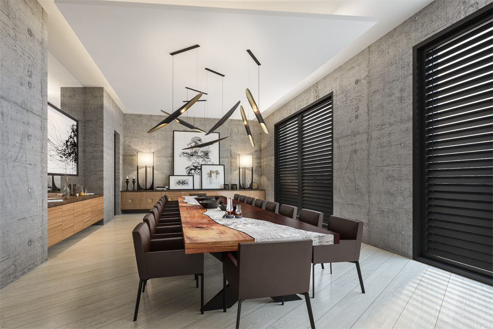 Dining Room Design - Diagonal flooring below large solid wood table & bamboo style chandelier with dark wooden blinds
