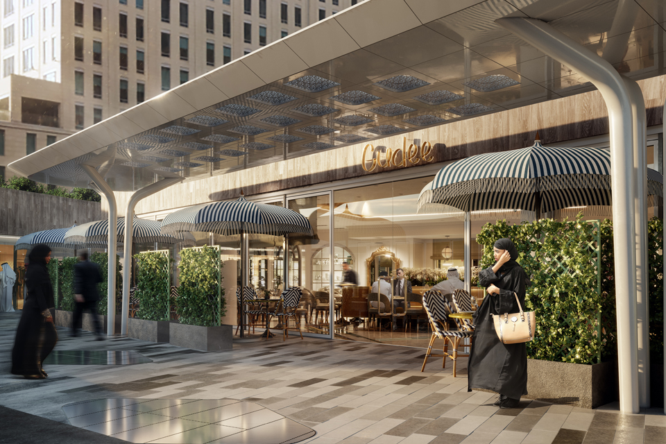 Restaurant Patio Design - Modern sunroof above grey & black shades of tiles, striped umbrellas with surrounding creeper grids