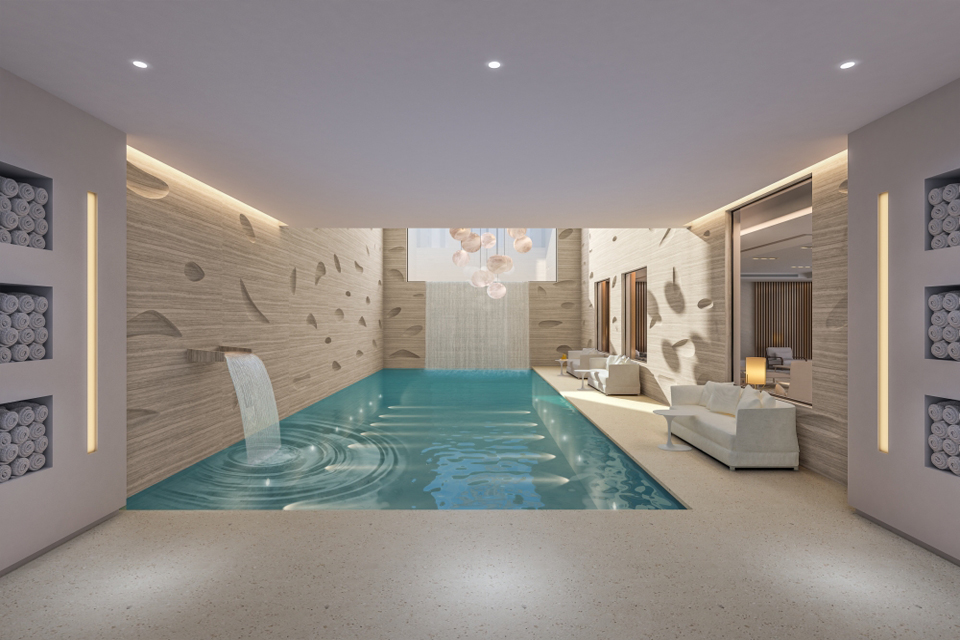 Interior Pool Design - Semi-geometric wall design next to pool, modern wall fountain & built in towel storage