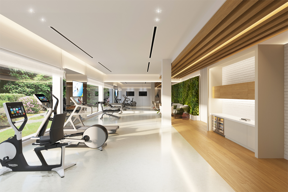 Interior Gym Design - Slated ceiling feature, cabinet with built in fridge & exercise equipment overlooking view from window
