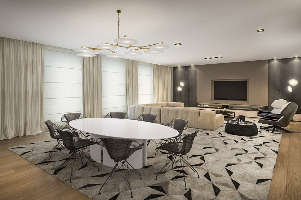 Living Room Design - Modern seating with flat pendant chandelier on large rug with geometrical look