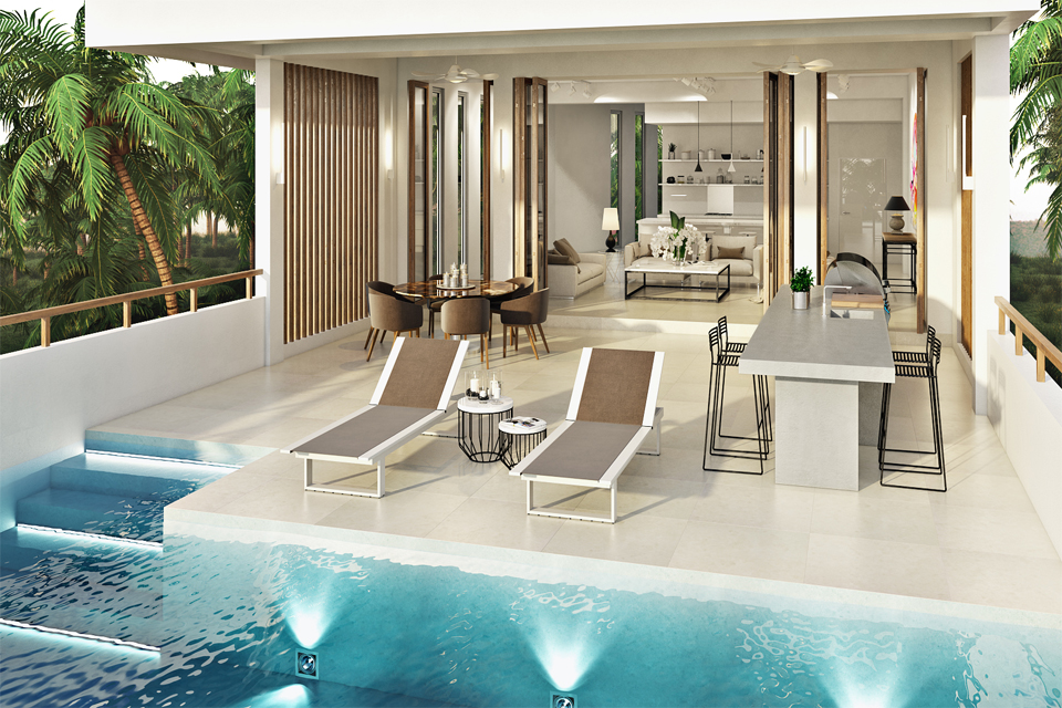Pool Design by Cecilia Clason - Timber slates & granite table with luxury seating