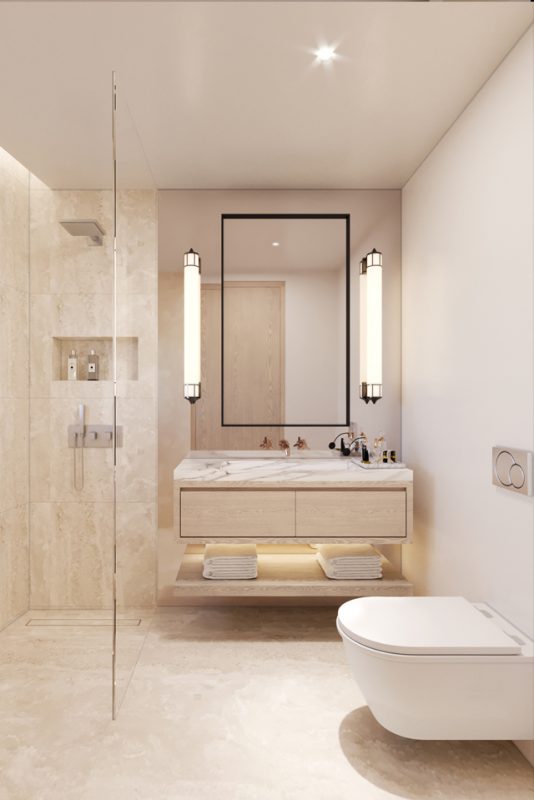 Interior Bathroom Design - Marble walls & floor with floating marble storage and lit towel rack beneath large square mirror