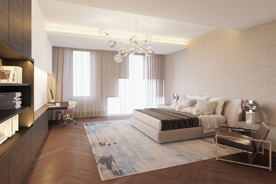 Luxury Bedroom Design - Built in timber wall units next to an abstract rug on a slanted diagonal wooden floor