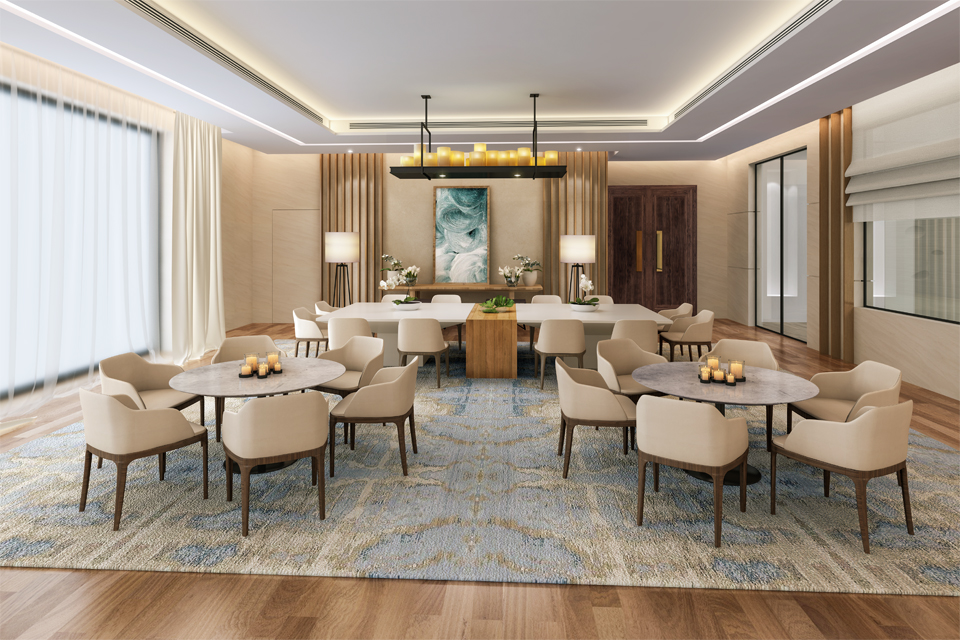 Dining Room Design - Candle chandelier above tables, chairs & large rug with modern ceiling design & lighting