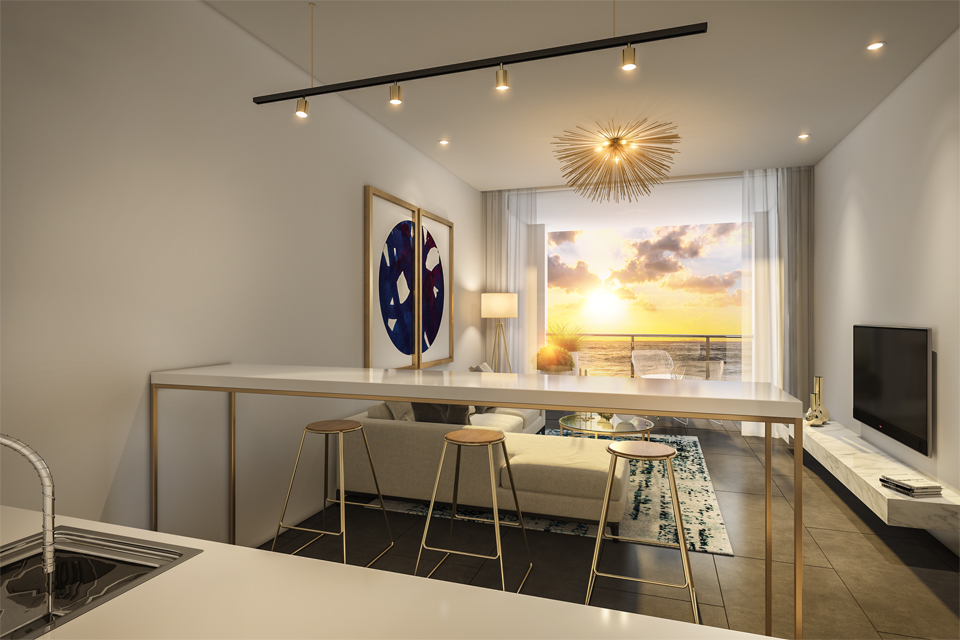 Apartment Design - Golden features in furniture, lighting & wall art frame with granite top kitchen counter & view
