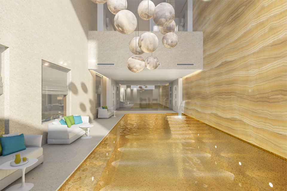 Interior Bath Design - Textured marble wall & pool with golden inner, under ball pendant hanging lighting