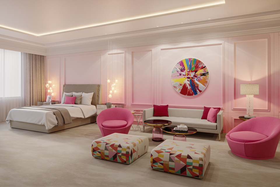 Modern Bedroom Design - Colorful room with ottomans & modern pink chairs next to Victorian style wall, & under modern ceiling