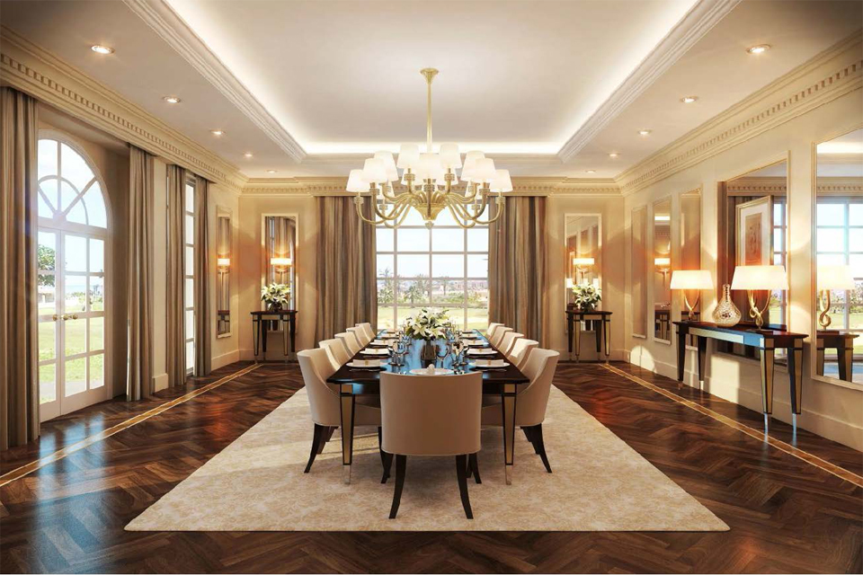 Dining Room Design - Diagonal flooring below large solid wood table & bamboo style chandelier with dark wooden blinds