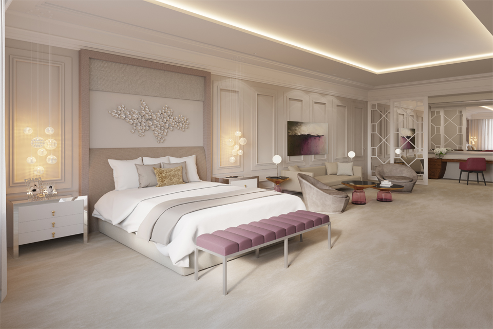 Luxury Bedroom Interior - Modern ceiling & lighting over luxury bed, chairs & ottoman, with Victorian style walls & headboard