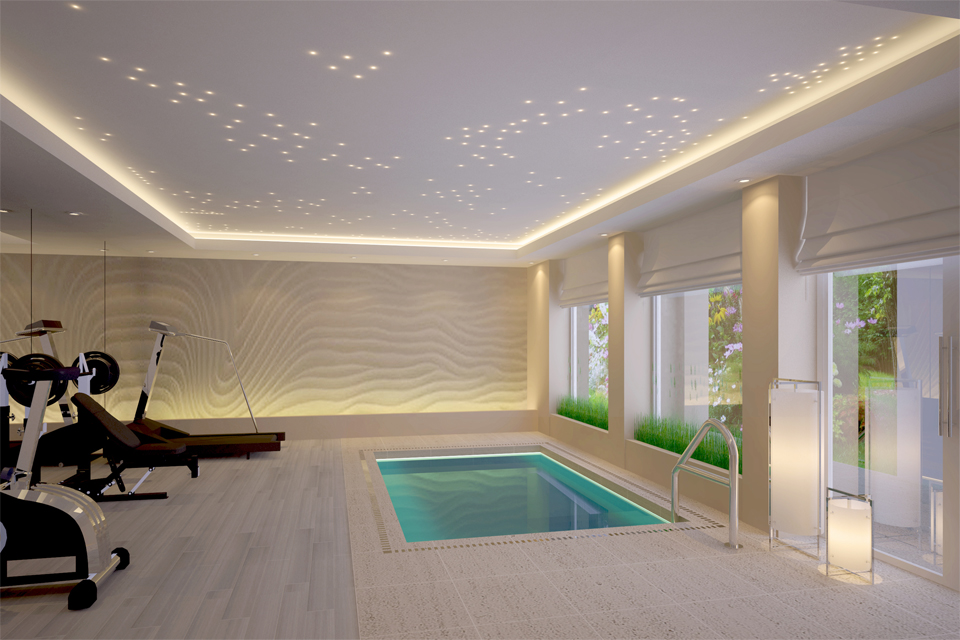 Residential Gym - Starry night lighting overlooking laminated flooring with splash pool, next to textured 3D wall feature