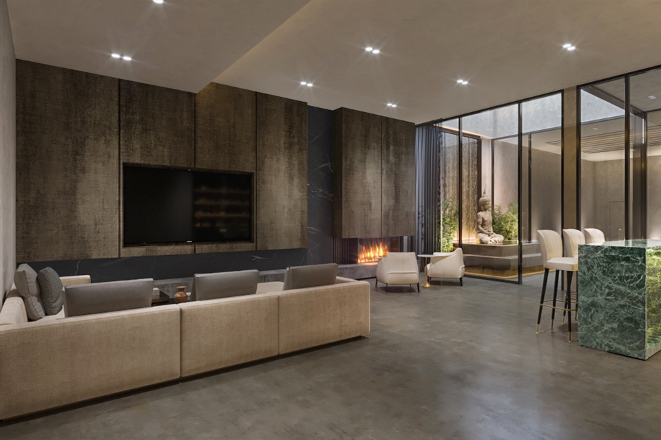 Living Room Design - Built in tv on wood texture wall panels next to modern fire place & large sofa on marble floor